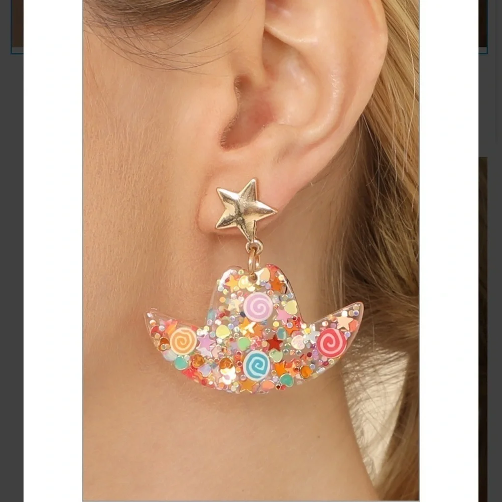 2/$30 - Resin Glitter Cowboy Hat Star Drop Earrings Pink Gold